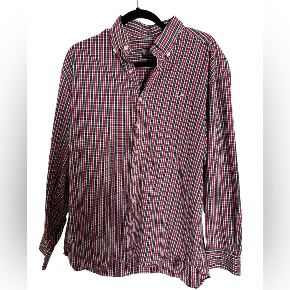 Vineyard Vines Whale Shirt Men's L Checkered Red Blue Long Sleeve 100 Cotton✅